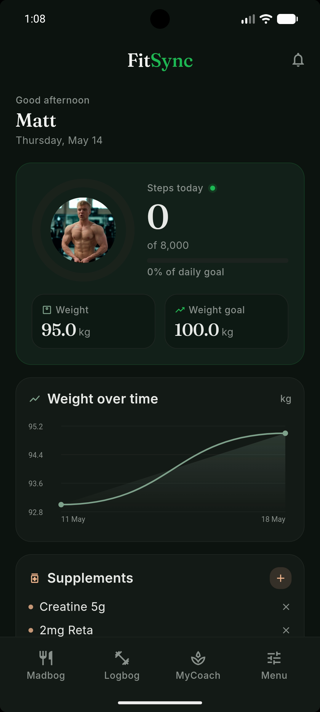 FitSync home dashboard — Matt's day, Steps, Weight, Weight goal, Weight over time chart, Supplements