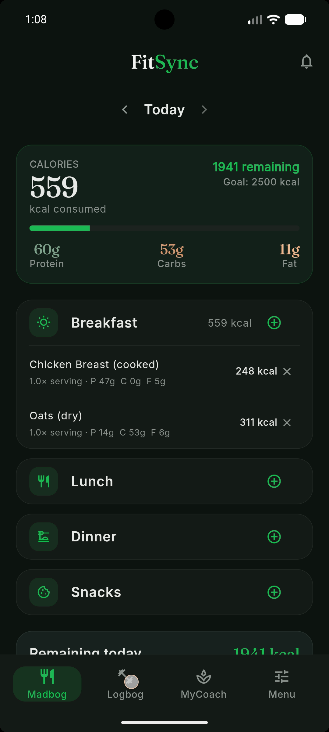 FitSync Madbog — calories, macros, breakfast