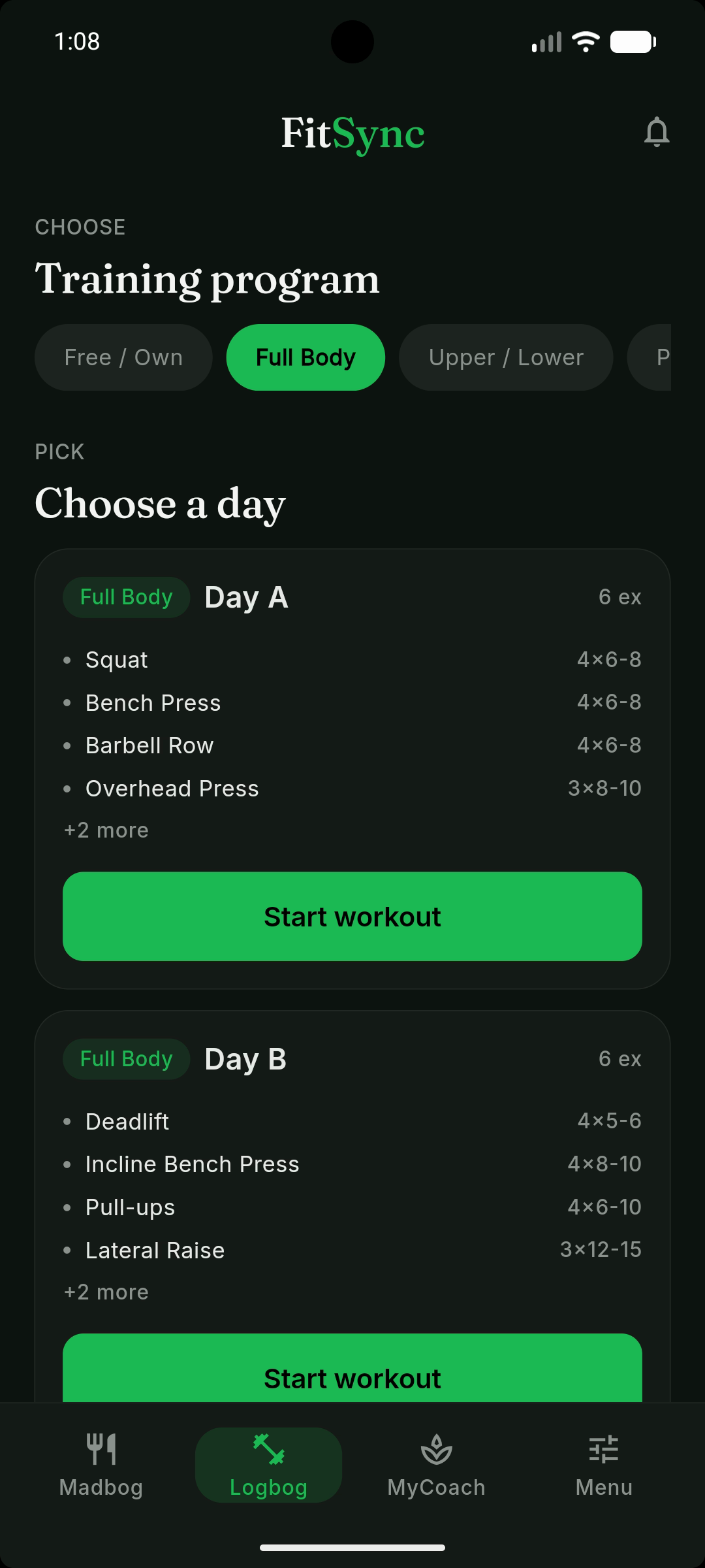 FitSync Logbog — program selector, Push A day