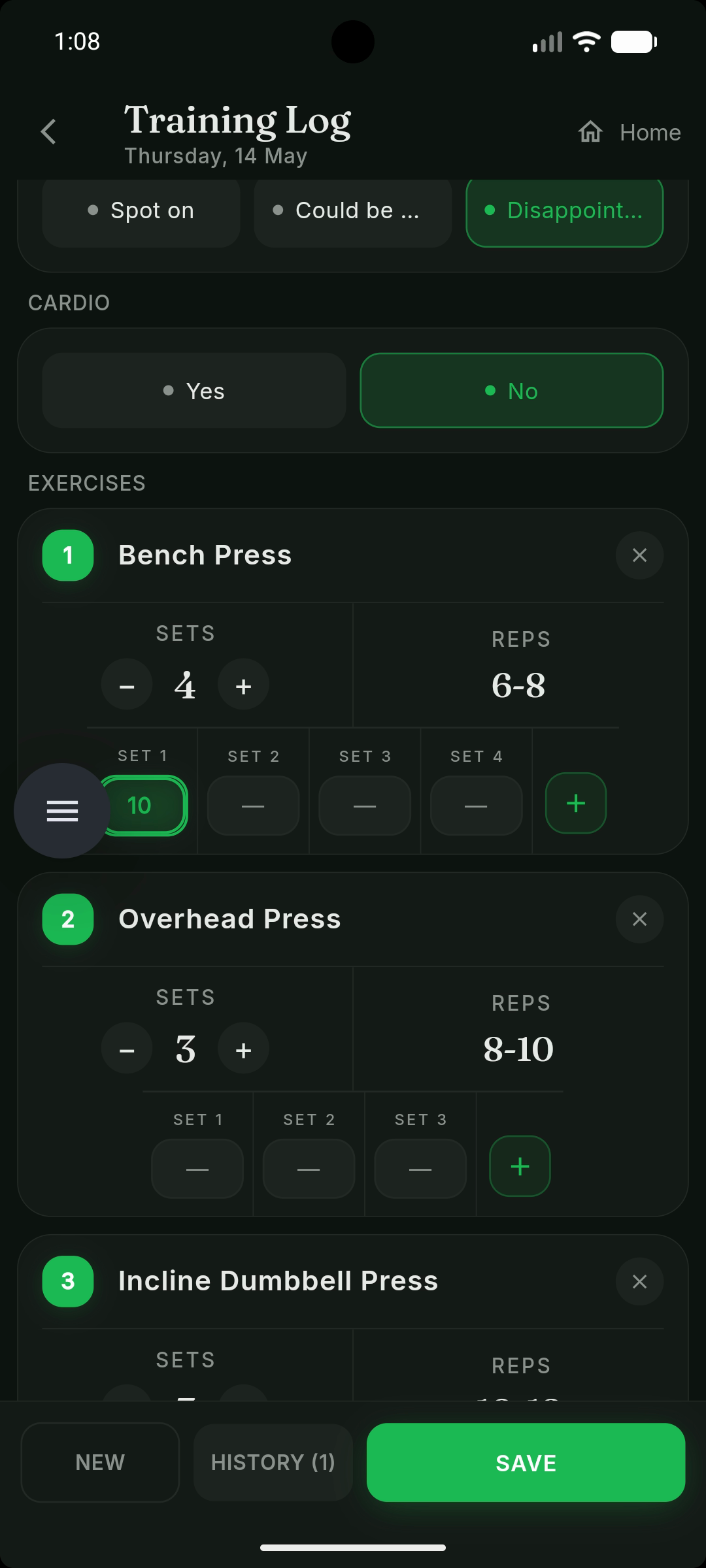 FitSync workout logger — mood, cardio, Bench Press sets