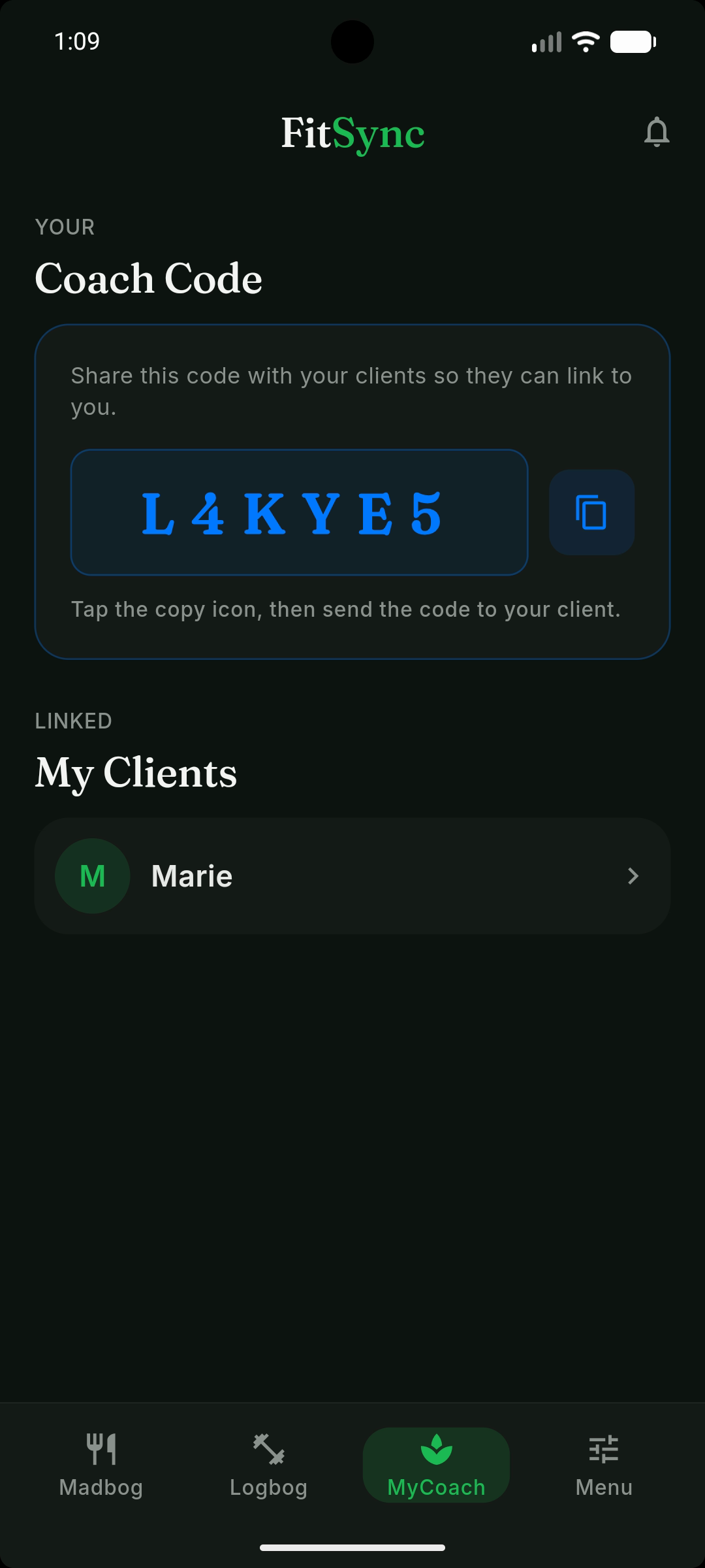 FitSync Coach Mode — Coach Code share, My Clients