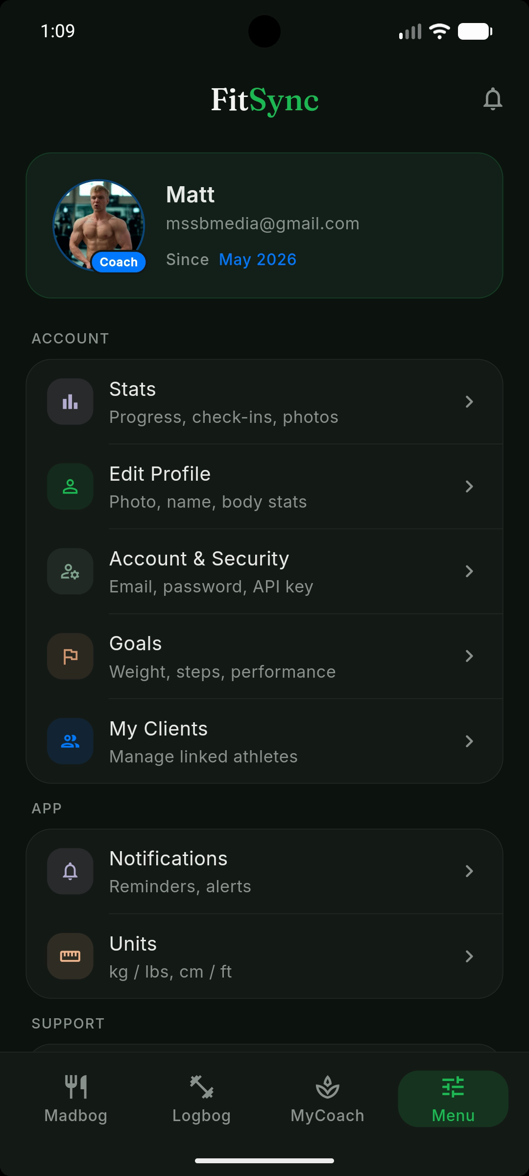 FitSync Menu — profile and settings
